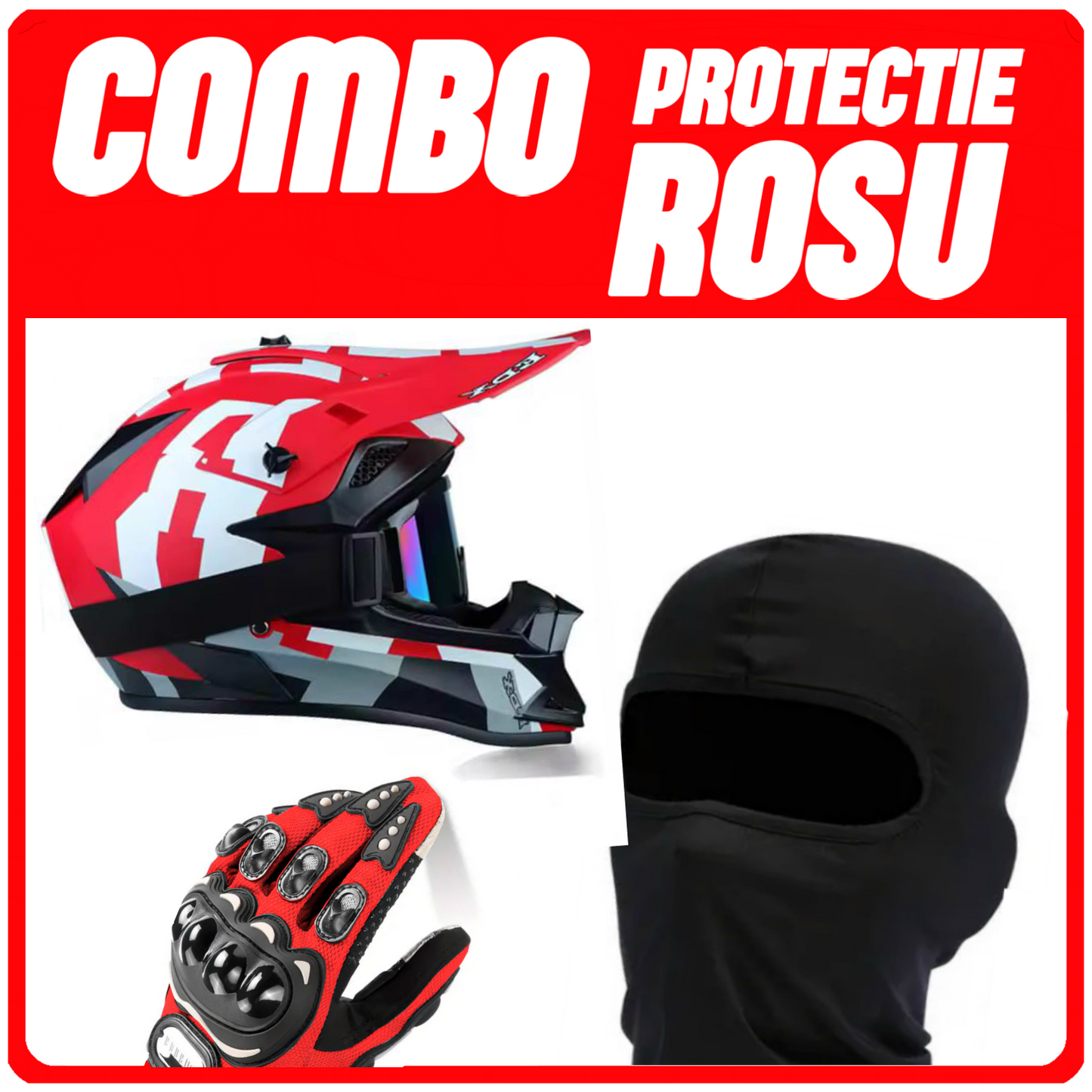 COMBO PROTECTII - ROSU (Casca Enduro , Manusi , Cagula )