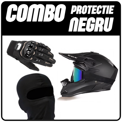 COMBO PROTECTII - NEGRU (Casca Enduro , Manusi , Cagula)