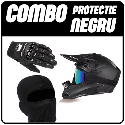 COMBO PROTECTII - NEGRU (Casca Enduro , Manusi , Cagula)