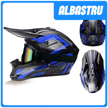 COMBO PROTECTII - ALBASTRU (Casca Enduro , Manusi , Cagula )
